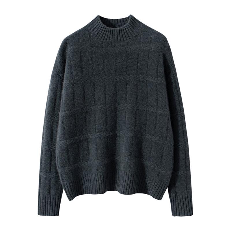 Women's 100% Cashmere Vintage Loose Fit Half High Neck Pullover - Thick, Warm Knit Sweater for Autumn/Winter.