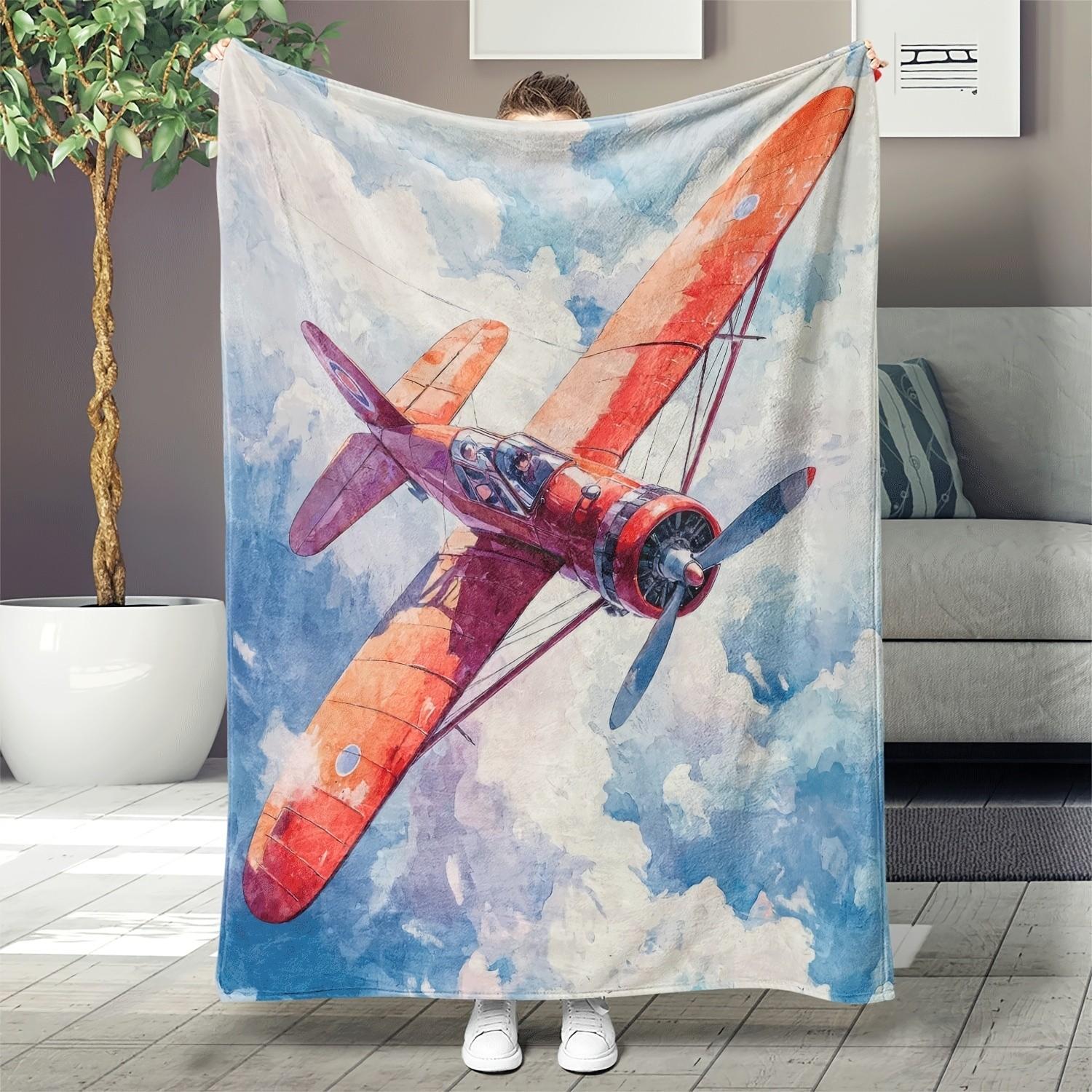 

Retro red biplane pattern Flannel printed blanket suitable for all seasons suitable for living room office sofa and travel 75x100cm (30x40inch)