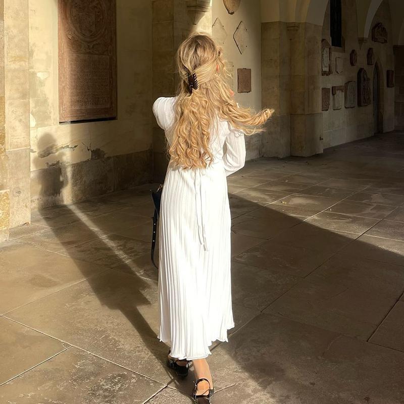 White Knitted Long Dress Women 2026 Spring New Long Sleeve Bandage Loose Casual Dress Streetwear Womens Vestidos