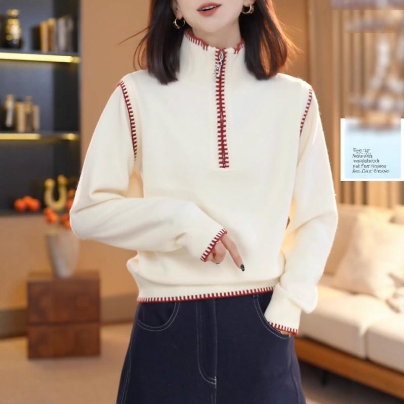 Women's Slim Fit Half-Zip Knit Sweater - Korean Design, Contrasting Colors, Stand Collar, Autumn/Winter Style