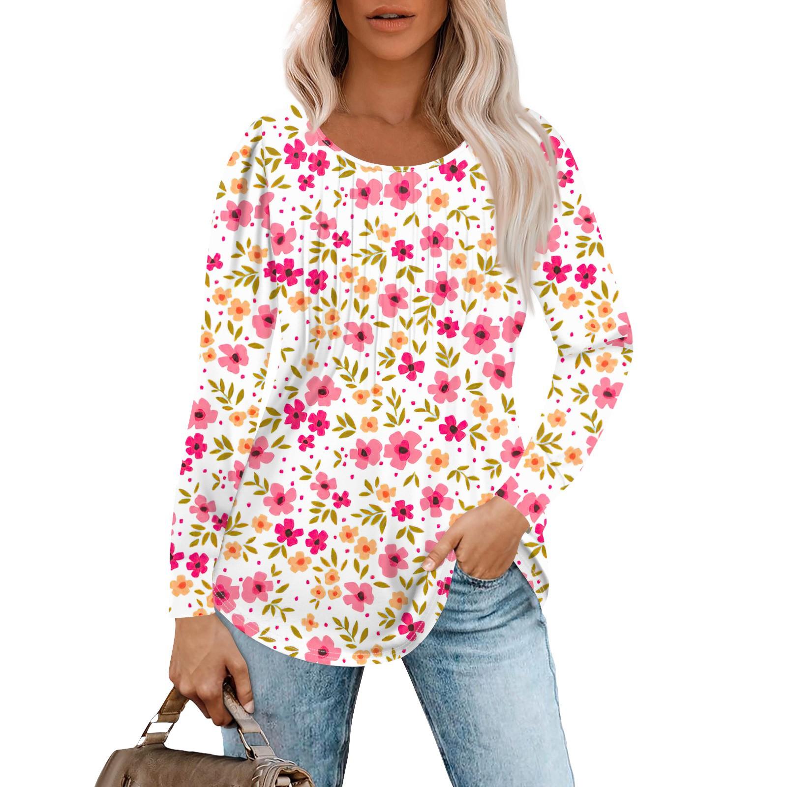 

Женские повседневные топы с цветочным принтом, плиссированной футболкой с круглым вырезом и длинными рукавами XL розовый