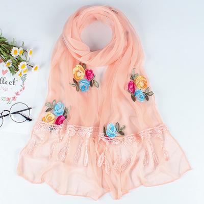 Double Layer Transparent Yarn Long Scarves Head Scarf Flower Embroidery Lace Tassel Hijab Scarf Bufanda Spring Autumn Elegant