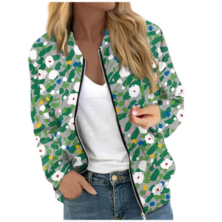 Women Floral Leaf Print Casual Long Sleeve Zipper Jacket Round Neck Fashionable