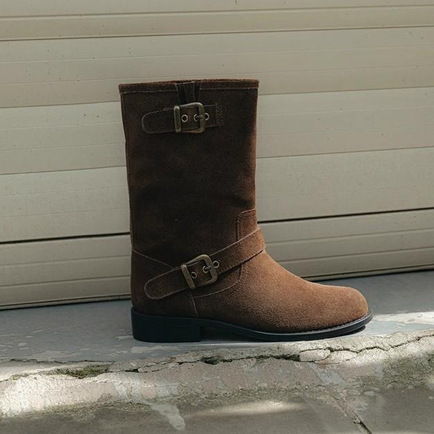 

Sheepskin version~ retro matte suede belt buckle round head thick heel western cowboy boots medium boots women s Martin boots 40