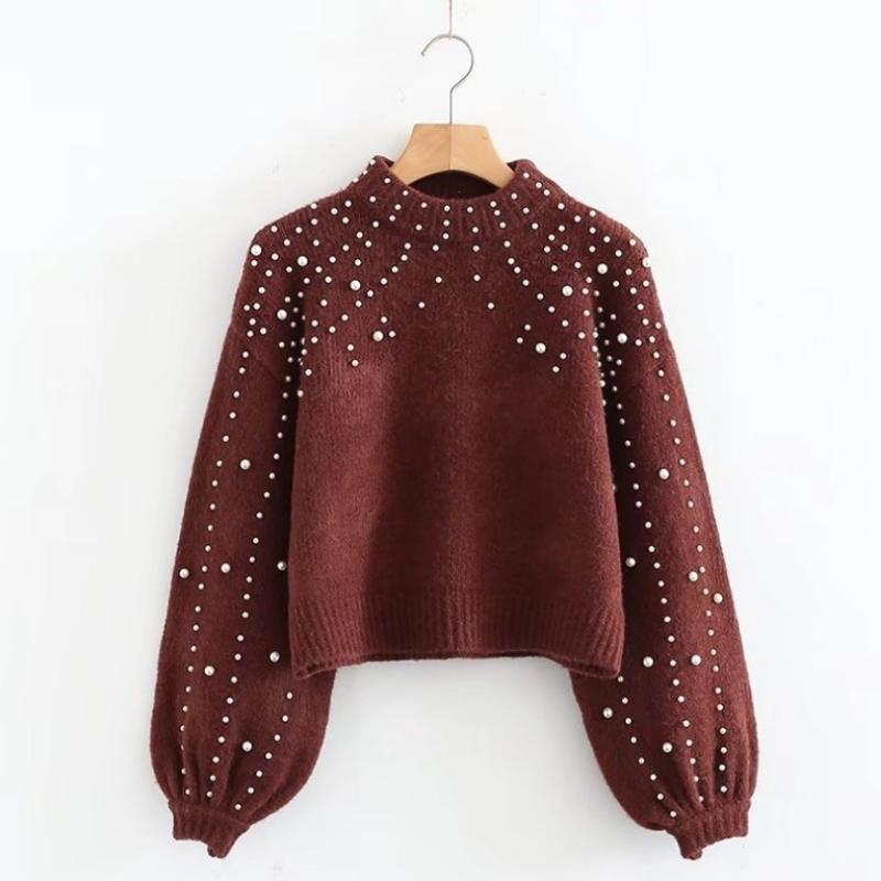 Winter  Women Pearl Beading Lantern Knitted Sweater  Sleeve Loose Gray Pullover Women Soft Warm Autumn Casual Jumper