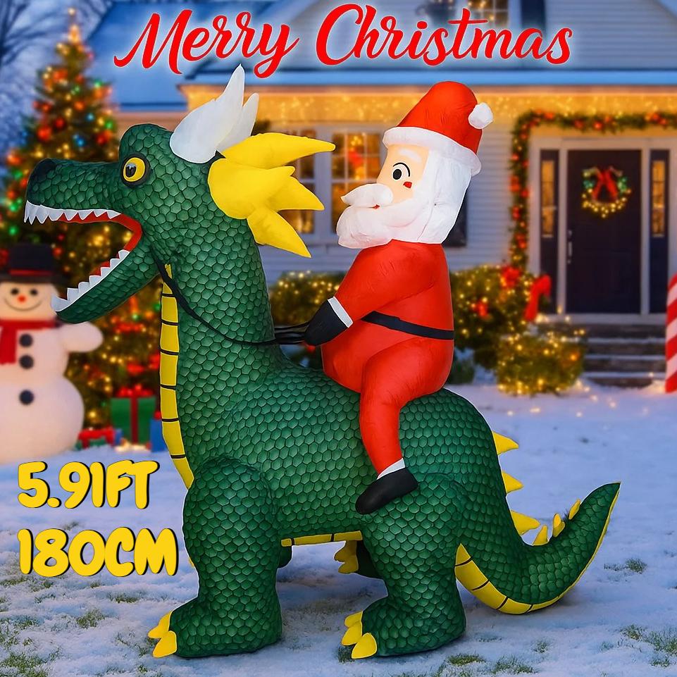 5.91FT Inflatable Toy Santa Claus Dragon with LED Light Festive Gift Xmas Decoration for Yard Christmas Supplies Home Ornament
