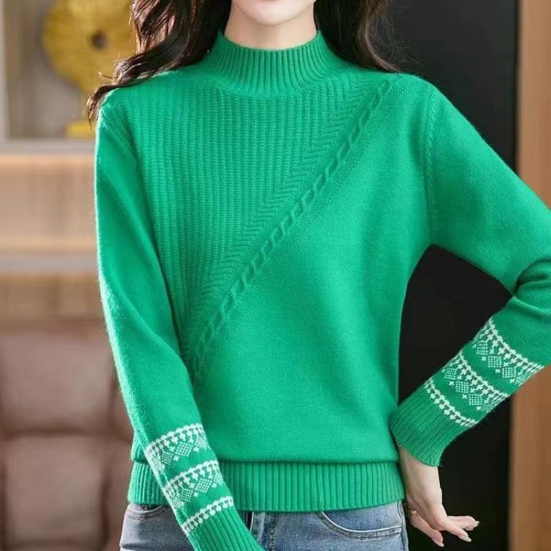 Winter New Semi-turtleneck Pullover Lazy Temperament Fashion Jacquard Loose Knitted Bottoming Sweater Women