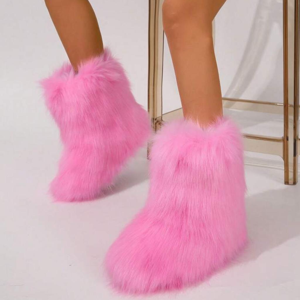 Botas de Piel Sintética para Mujer Invierno Felpa Mullida Cálidas Media Caña Botas de Nieve Moda de Lujo Botas Peludas Zapatos Planos Cómodos para Exterior