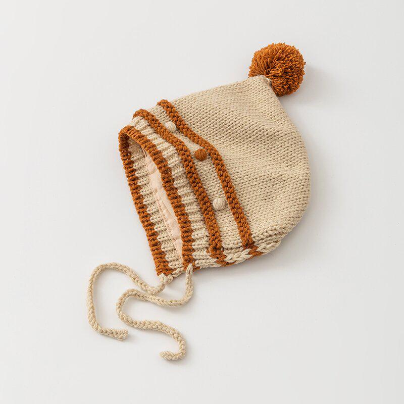 

Korean Winter Striped Children s Hat with Ear Protection & Pom-Pom – Knitted Wool Baby Pullover Hat for Girls 46-50CM брудно-білий