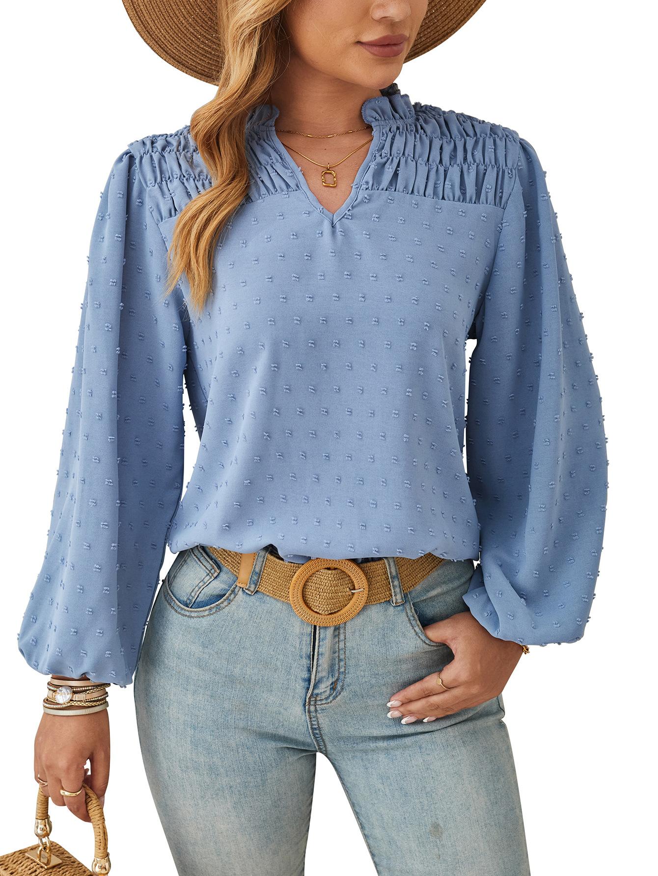 

Весенне-осенняя женская плиссированная жаккардовая рубашка с длинным рукавом с v-образным вырезом S синий