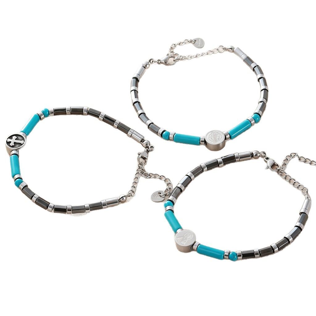 Mens Black Stainless Steel Cross Bead Bracelet With Turquoise Stone For Fashion And Gift