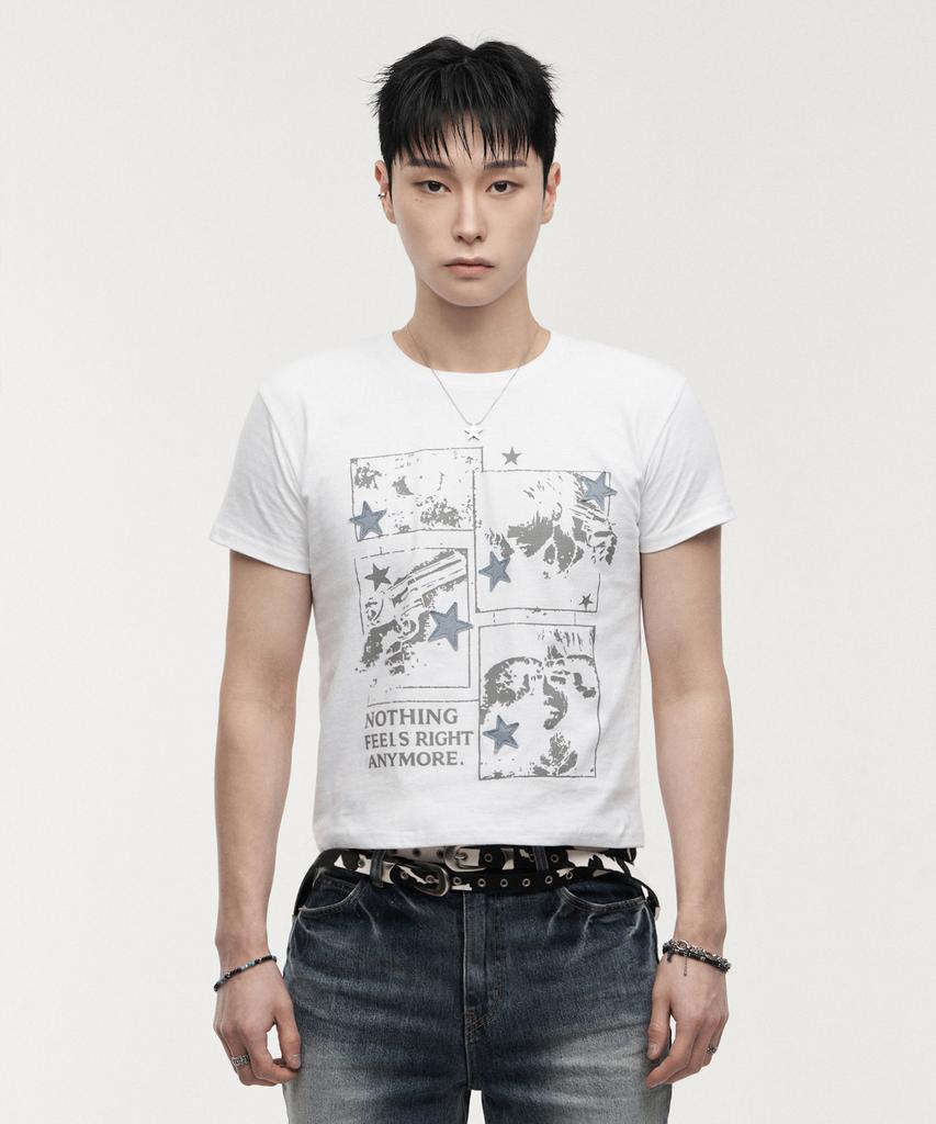 LANARCHIVE [0132] Denim Applique Star Short Sleeve T-Shirt - Ivory