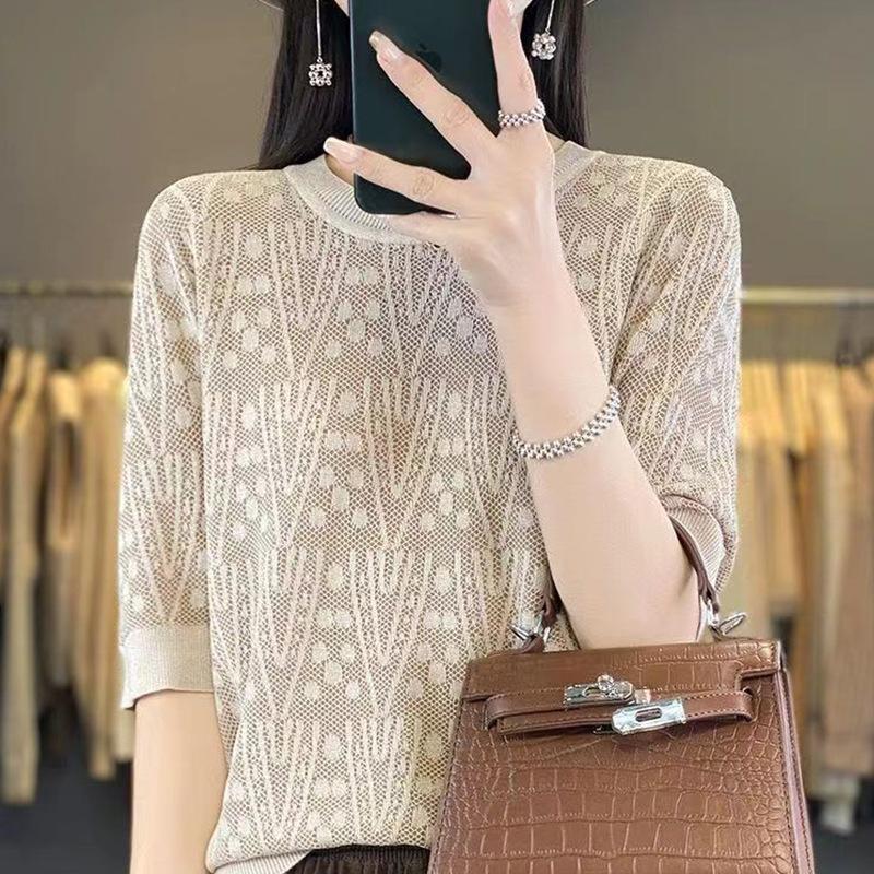 Summer Round Neck Pullover T-shirt Loose and Slimming Temperament Short Sleeved Knitted Shirt