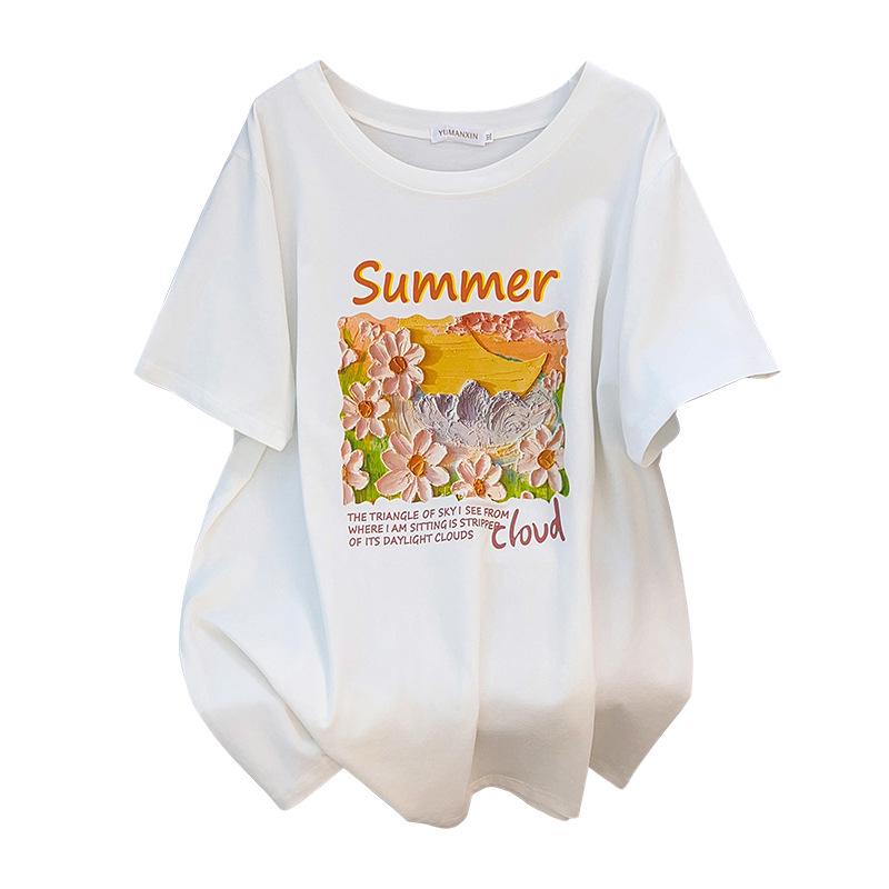 Plus Size Slimming Mid-Length Short-Sleeve T-Shirt (200/300/350 Jin) for Women