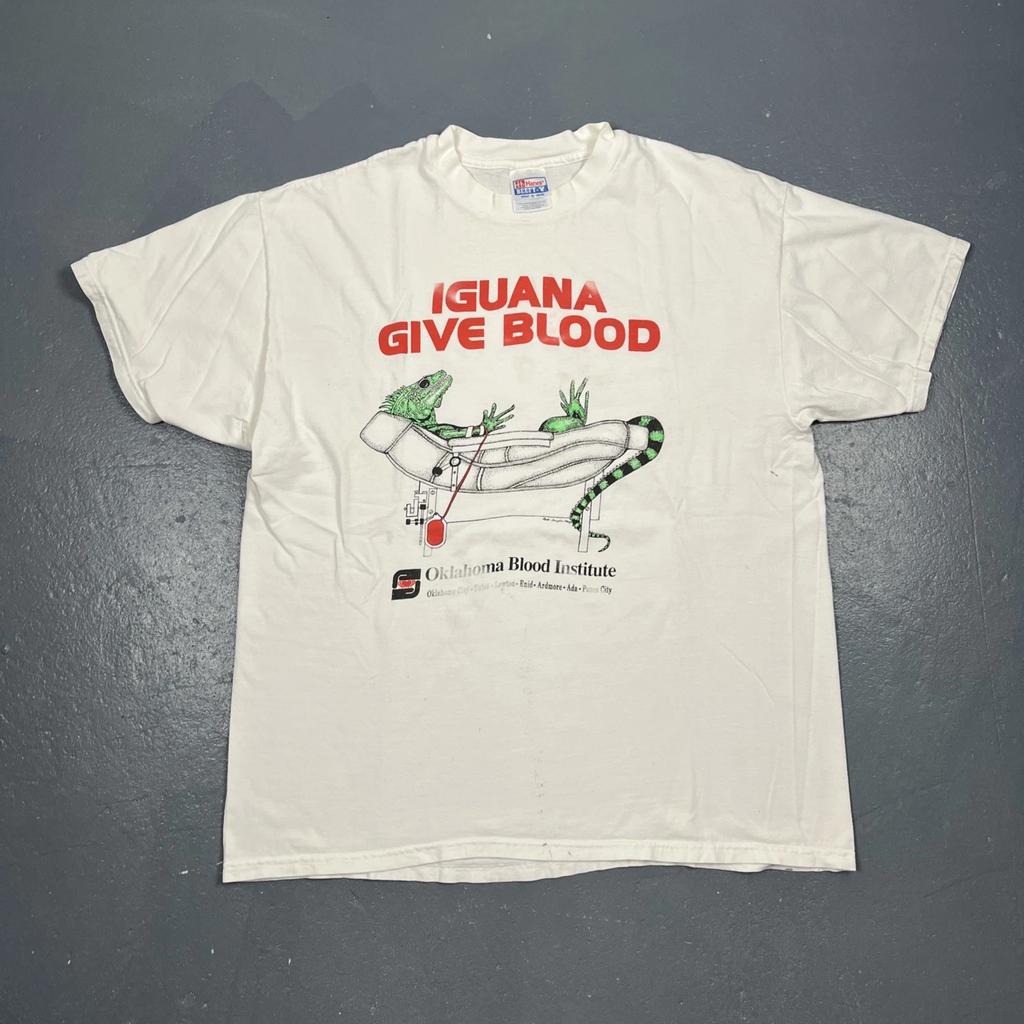 Vintage 90er Iguana Spende Blut Oklahoma Blutinstitut T-Shirt Weiß XL VTG