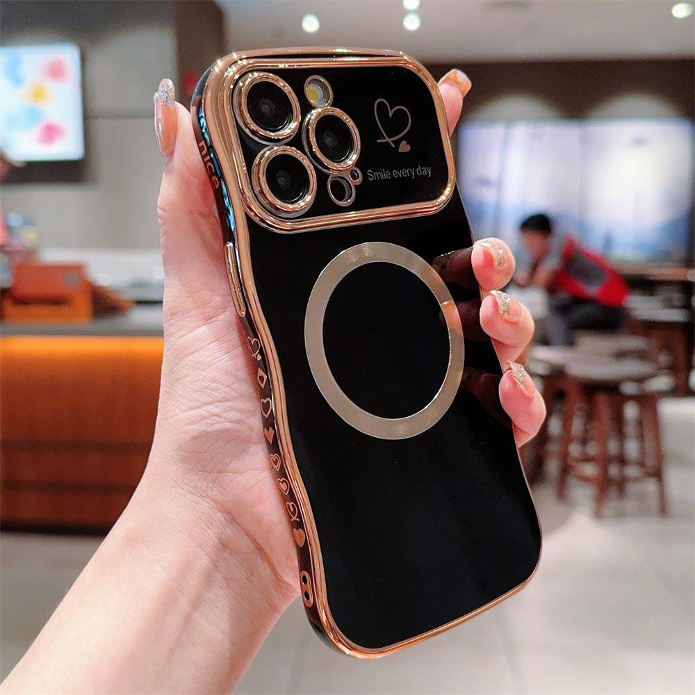 Electroplated side heart-shaped large window, iPhone 17 phone case, magnetic wave pattern, iPhone 16 Pro Max soft case 15
