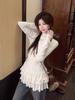 Ballet-Inspired Lace Trim Long Sleeve T-shirt for Women - Half High Collar, Slim Fit, Autumn/Winter Versatile Top