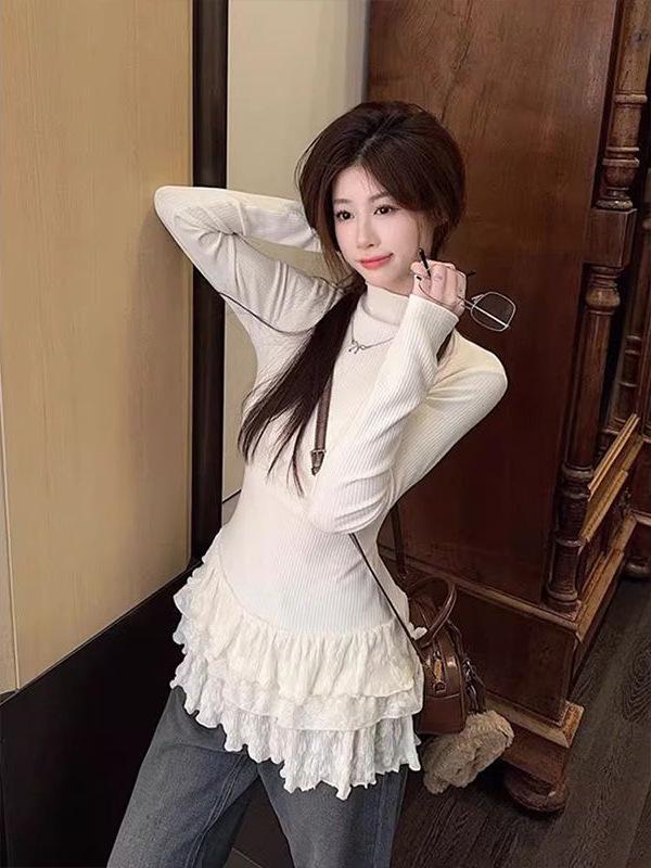 Ballet-Inspired Lace Trim Long Sleeve T-shirt for Women - Half High Collar, Slim Fit, Autumn/Winter Versatile Top