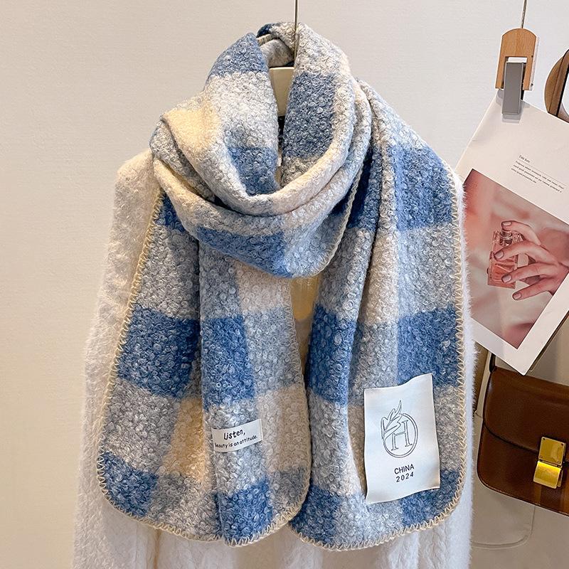 Retro black and white plaid imitation lamb wool scarf women's winter thickened warm plaid scarf fashion shawl dual-purpose