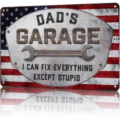 Tin Sign Dads Garage I Can Fix Everything Except Stupid Metal Vintage Wall Decor Rustic Industrial Tin Poster for Man Cave Gar