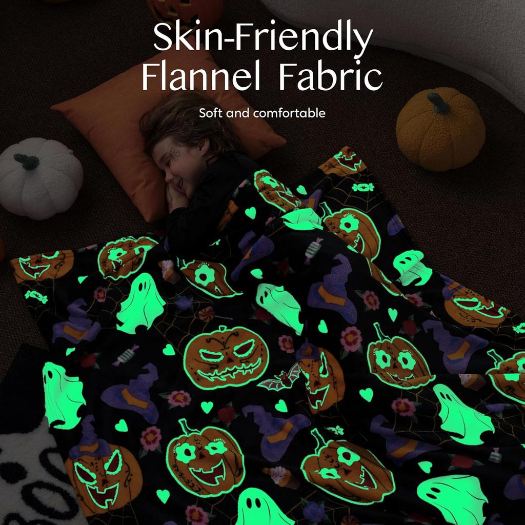 Soft Flannel Glow-in-the-dark Blanket Halloween Pumpkin Ghost Bat Blanket Halloween Blanket Bed Sofa Chair Decoration