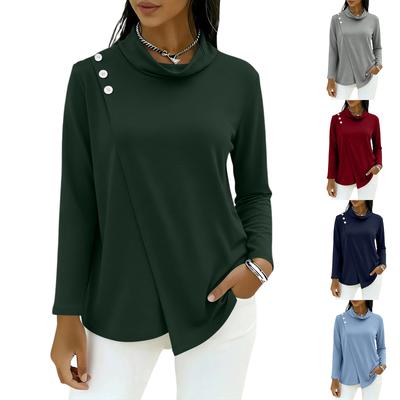 Women's Fashion Asymmetrical Half,High Neck Long,Sleeve T,Shirt Color Top