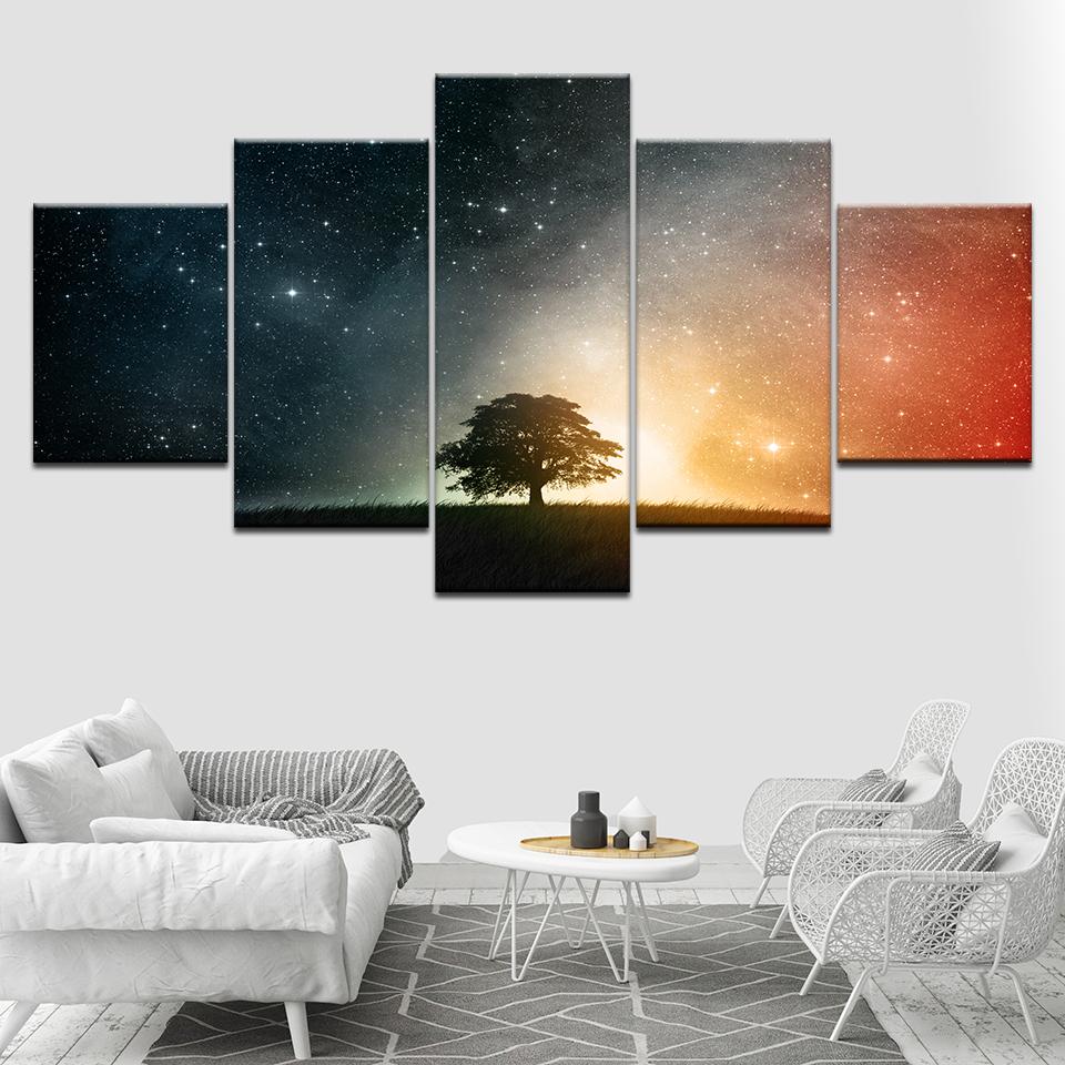 The Tree with Starry Sky Landscape 5 Piece Canvas Wallpapers Modern Poster Modular Art Painting for Living Room Home Decor