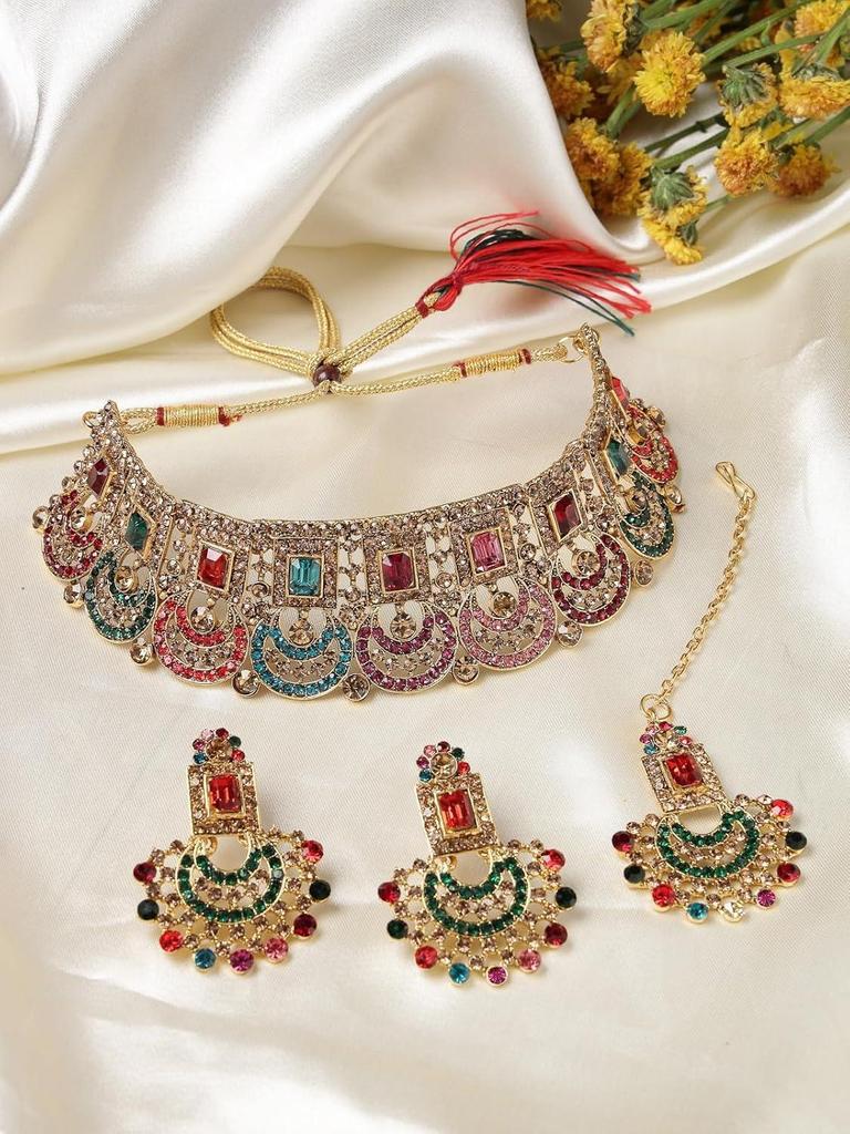Graceful Curve Shaped Gold Plated AD Stones Choker Necklace Set With Earring And Maangtika | Jewellery Set For Women