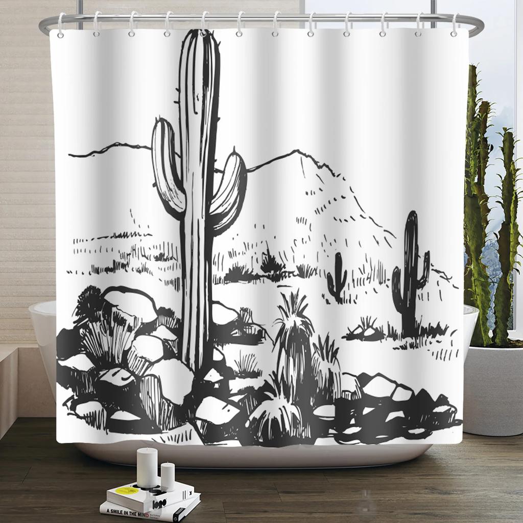 Tropical Cactus Print Shower Curtain Boho Plant Pattern Waterproof Fabric Shower Curtains Modern Bathroom Decor With Hooks