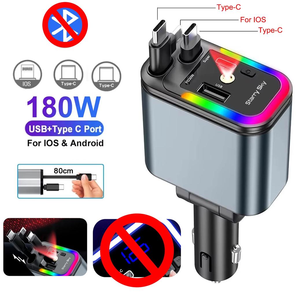 180W Bluetooth 5.3 Car Phone Charger PD QC 3.0 Super Fast Car FM Transmitter Handsfree Car Kit TF Card & U-disck Music Player