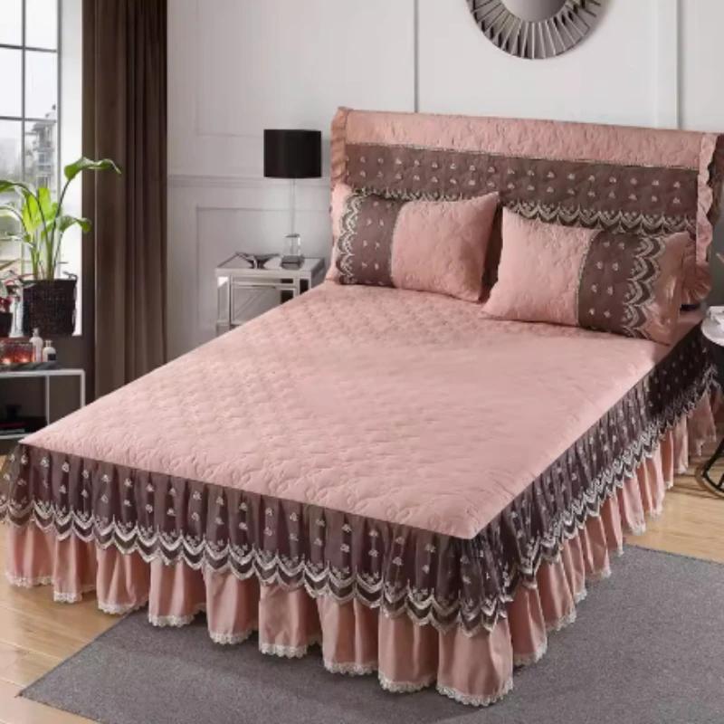 3pcs Lace Bed Skirt Ruffle Lace Skirt Style Bedspread Princess Style Anti Slip 1.8m Double Bed Cover with Strap Protection Cover