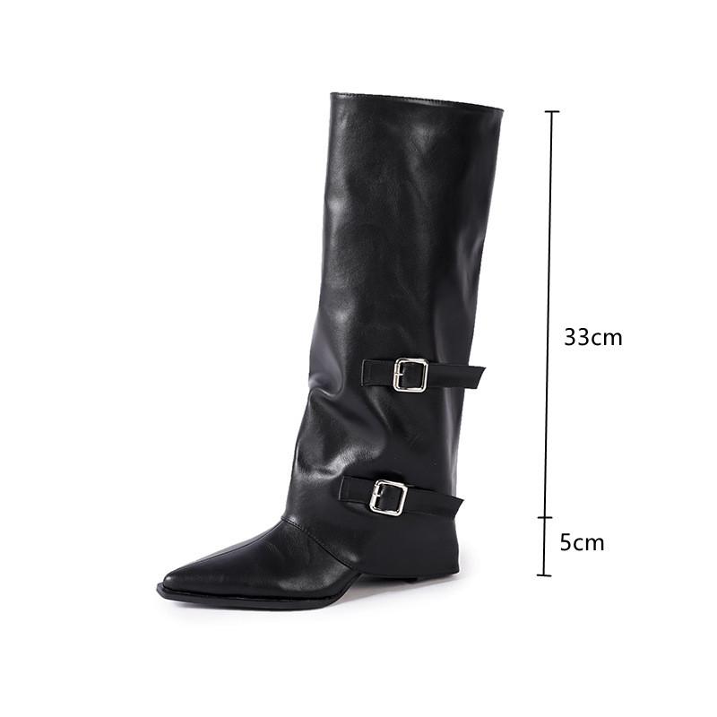 

Fashion Autumn Winter Soft Leather Casual Women Knee-high Boots Fashion Belt Buckle High heels Gothic Female Tube Long Booties Shoes 35 чёрный