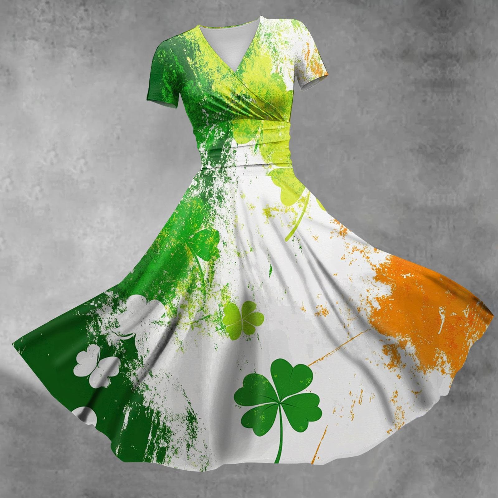 

Женский V-образный вырез St. Платье с короткими рукавами и присборенной талией в стиле «День Святого Патрика» L белый