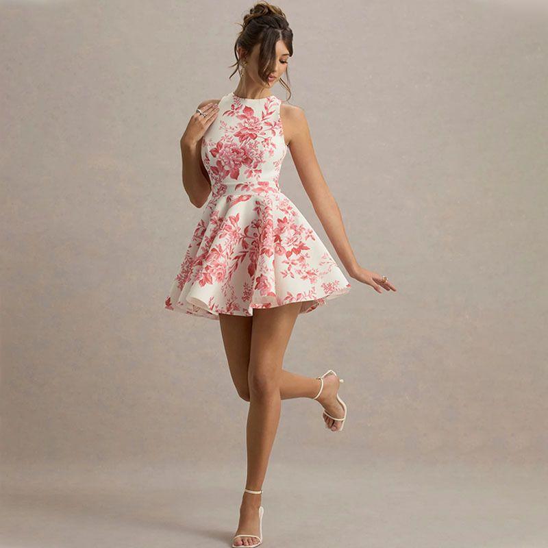 Niche Design Cross-Border New Arrival Women's Clothing Sleeveless Printed Open Back Shoelace Sexy French Style Elegance Slim Looking Dress