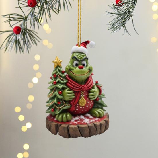 Green Elf Christmas Tree Ornament 2D Flat Acrylic Car Rear Mirror Charm Cartoon Elf Christmas Tree Hanging Pendant for Holiday Tree Window Wall Decor