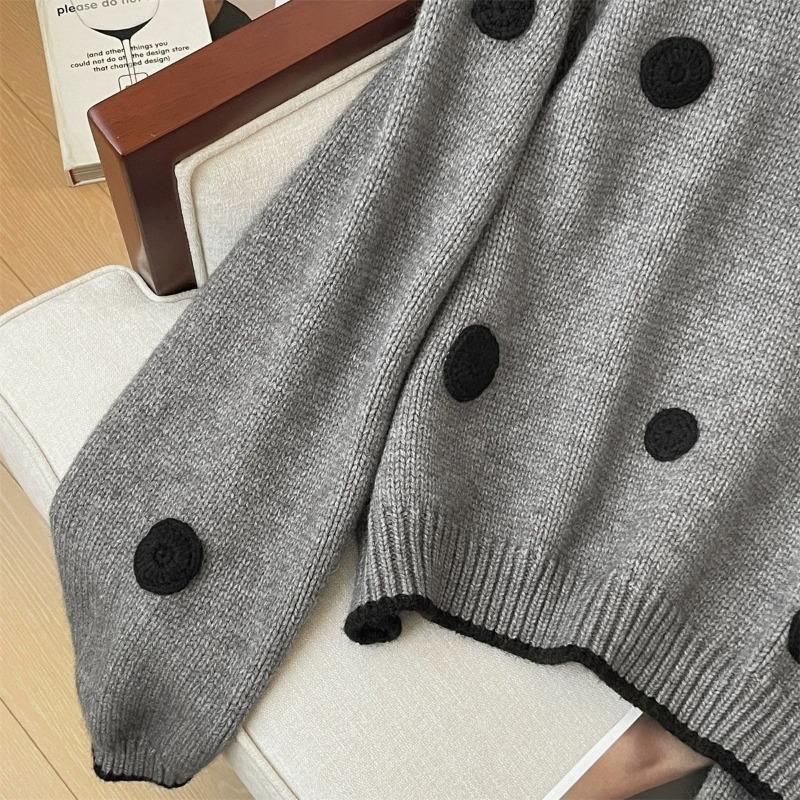 3D Polka Dot Embroidery Women's Knitted Sweater Korean Casual Lady Clothing Autumn Winter Round Neck Long Sleeved Top