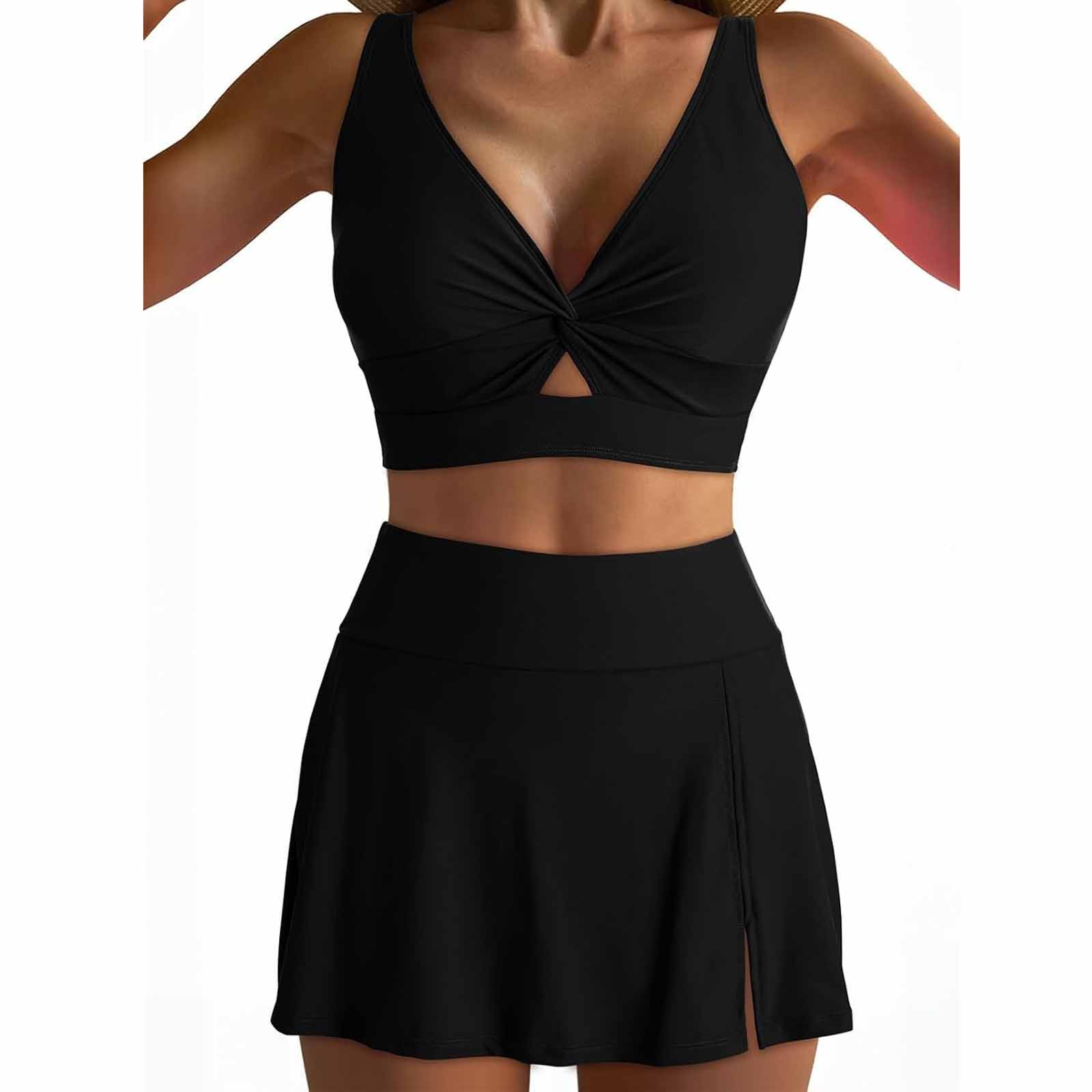 

Women’s Color High Waist Two Piece Swimsuit, Gathered Skirt Pants Bikini Set, Sexy Beachwear Swimwear for Vacation L