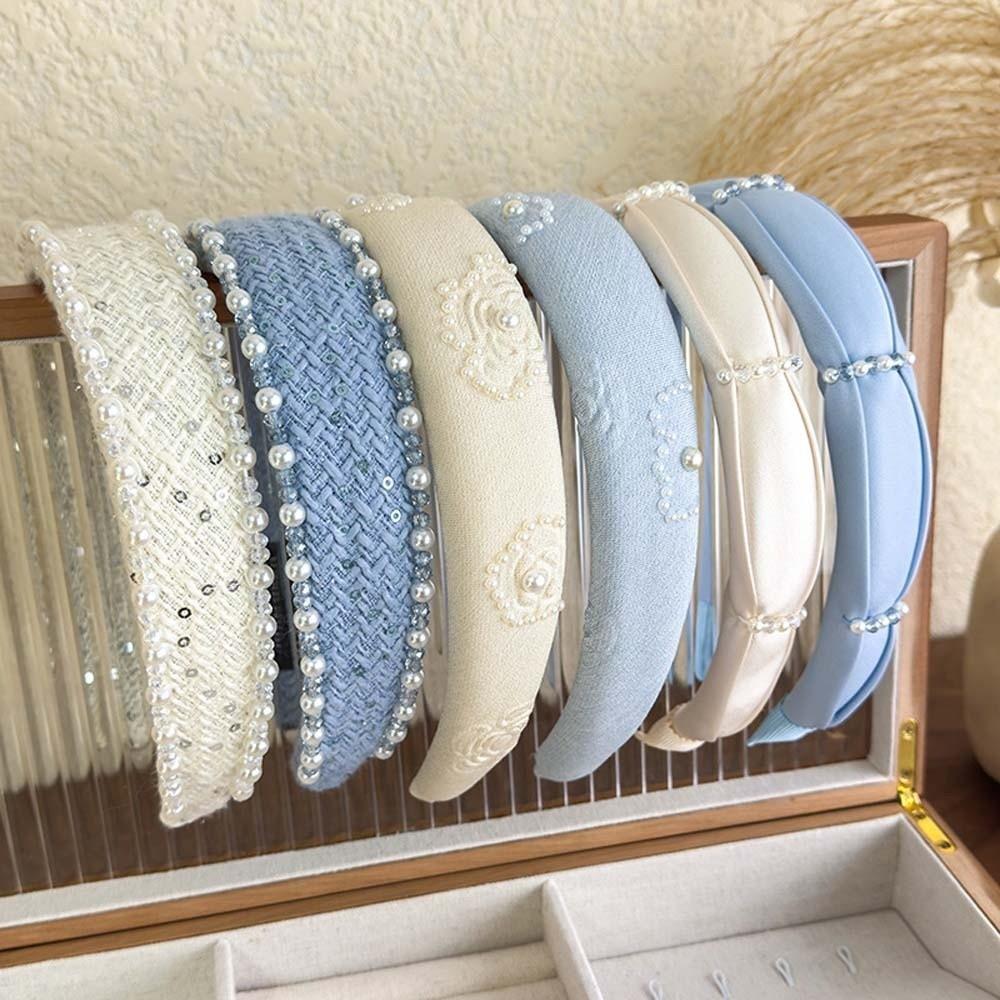 French Style Pearls Cloth Hair Hoop Rose Print Beige Blue Hair Band Beads Crystal Headband  Outdoor
