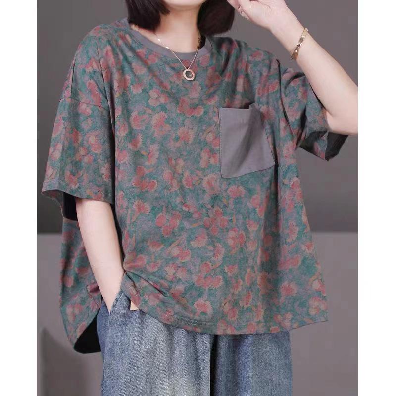 2024 Summer Plus Size Women's Retro Floral Cotton T-Shirt with Pocket