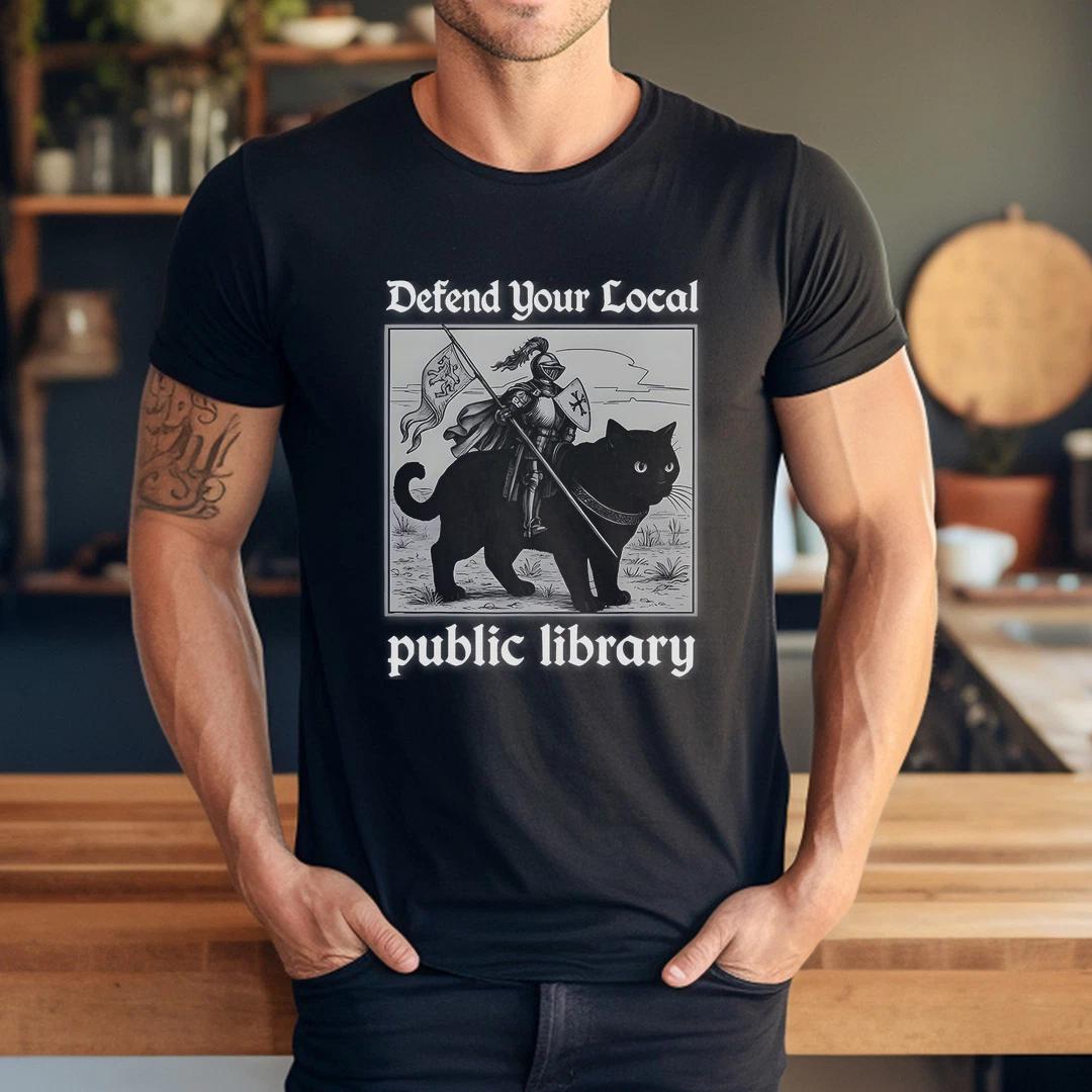 

Defend Your Local Public Library Funny Knight Cat T-Shirt XL