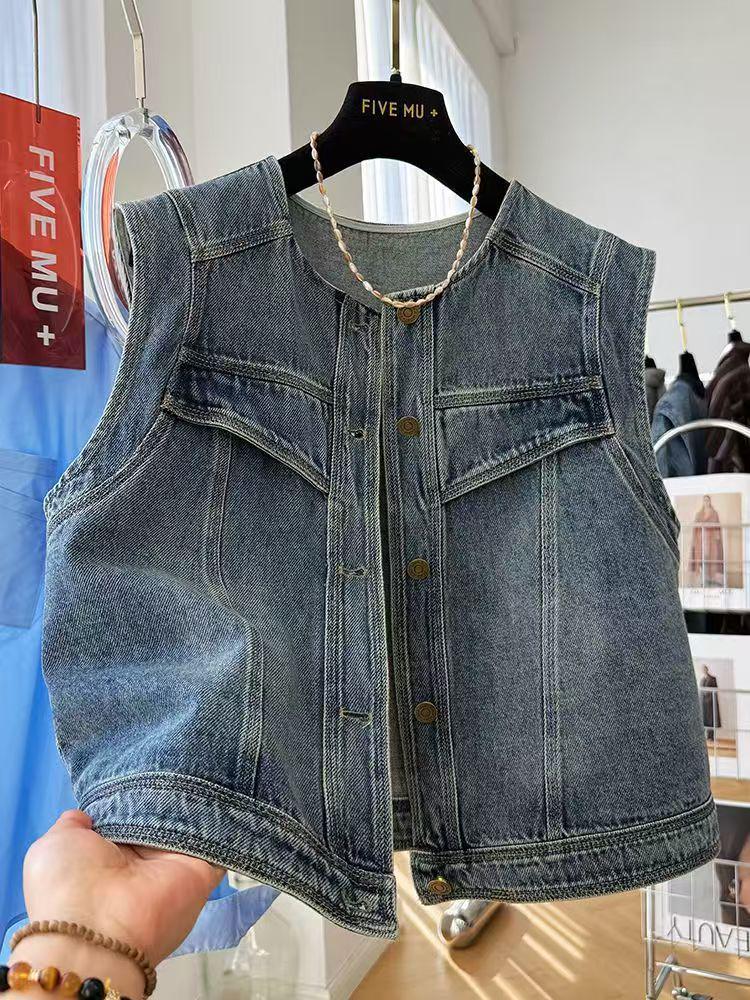 Women's Chic Denim Vest - Versatile Round Neck, Single-Breasted, Casual Spring/Summer Style