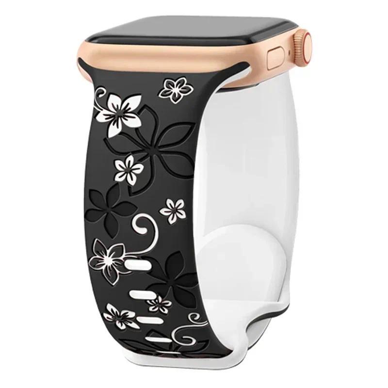 3D Floral Engraved Silicone Sport Strap Band For Apple Watch Ultra 2 49mm S10 11 42 46mm 44 45 41 38 40mm iWatch SE 9 8 7 6 5 3