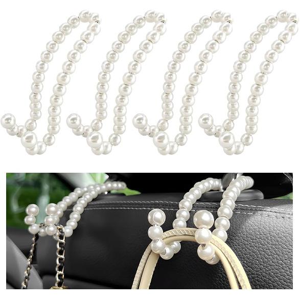 DXNQ 2 PCS Elegant Pearl Car Seat Headrest Hook, Cute Car Seat Hook Hanger Storage Organizer for Handbag Purse, Interior Decoration Headrest Hanger