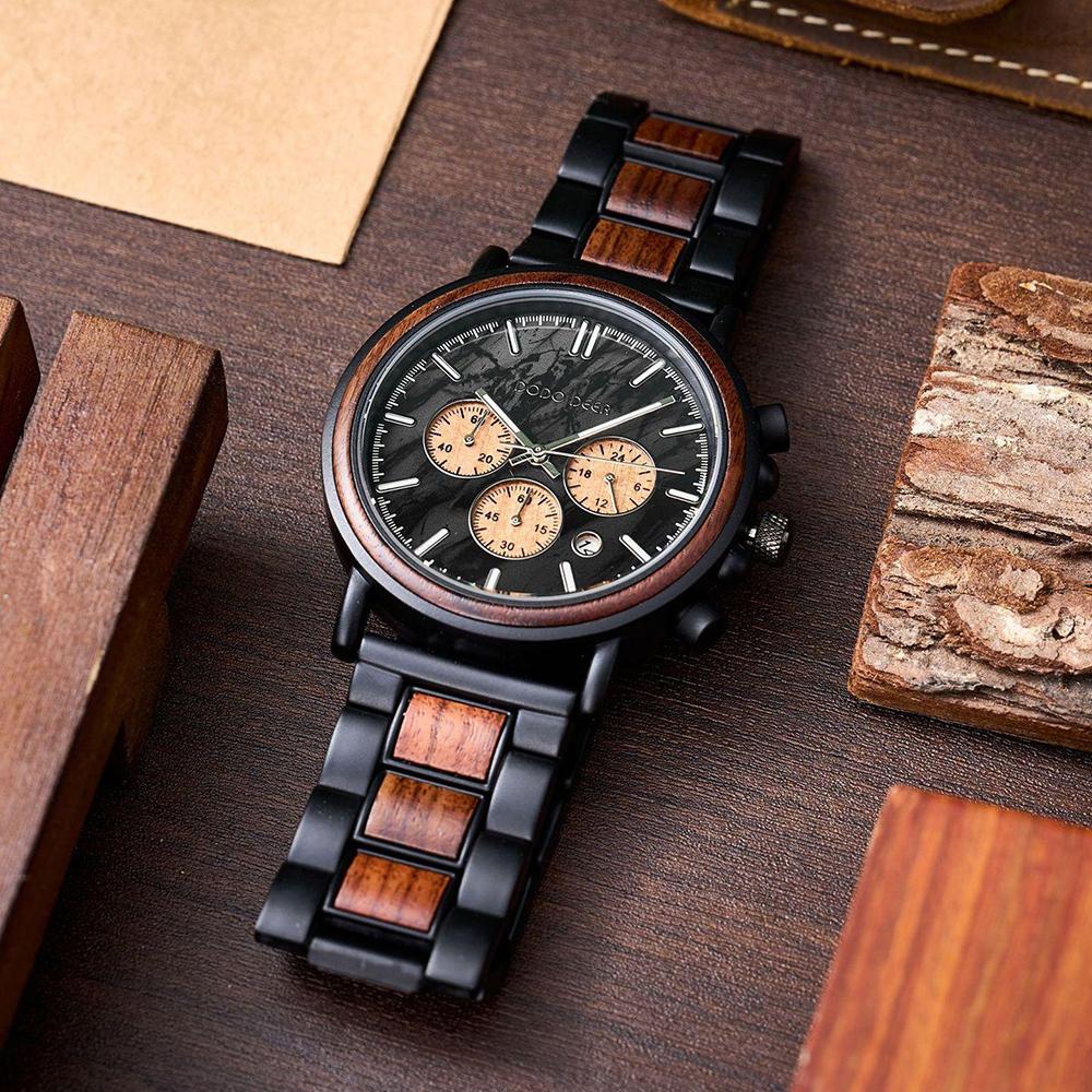 Wood Watch Wateproof Quartz Analog Watches Wooden+metal Strap Chronograph Date Unique Personalized Gifts