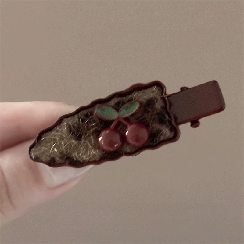 Cherry Leopard & Gingham Bow Hair Clips – 2-Piece Korean Style Vintage Accessory for Autumn/Winter