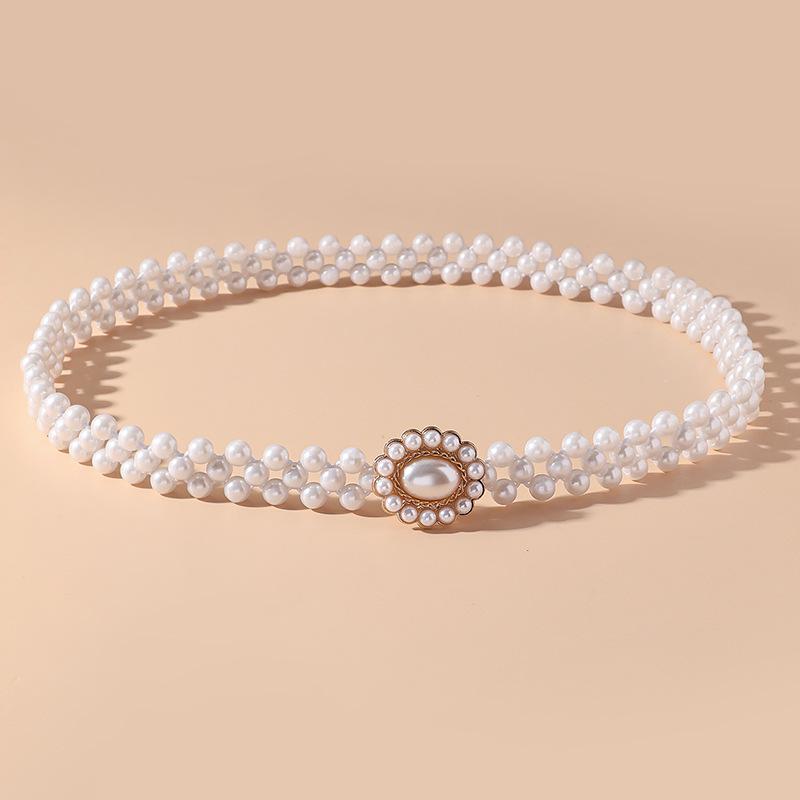 Women's Pearl Elastic Waist Chain for Hanfu and Korean Style Outfits - Versatile Woven Beaded Slimming Accessory