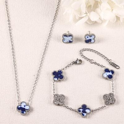 3PCS Advanced Clover Necklace Bracelet Earnail Set Gold Plated Non Fading Zircon Fashion Jewelry