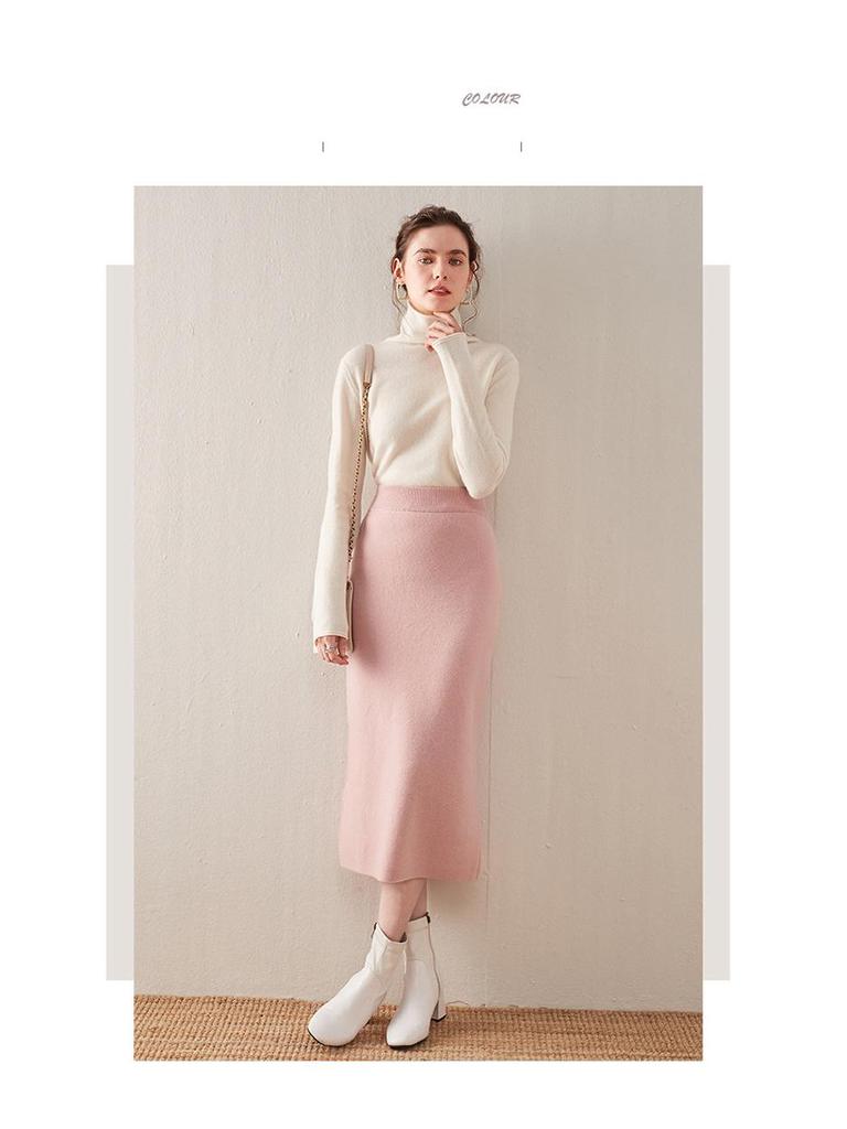 Dámská vlněná sukně střední délky s vysokým pasem a úzkým střihem - Podzimní/zimní trendy pletený hip style