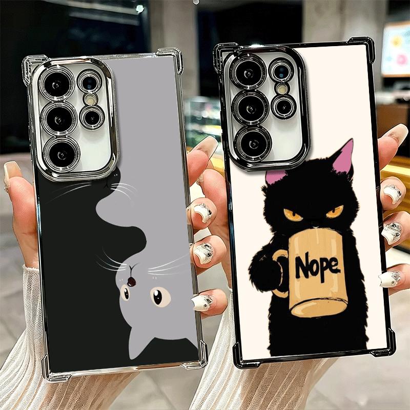 Black Cat Cartoon Cute Plating Phone Case For Samsung Galaxy S24 S25 FE S26 Edge S23 Ultra S22 S21 Plus S20 Anti-Fall Airabag Co