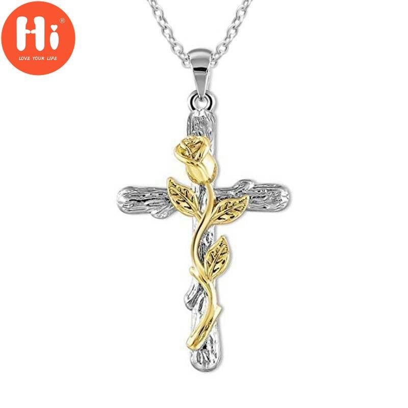 Hi Rose Flower Cross Pendant Chain Necklace Jewelry Gift for Women Jewelry Gift